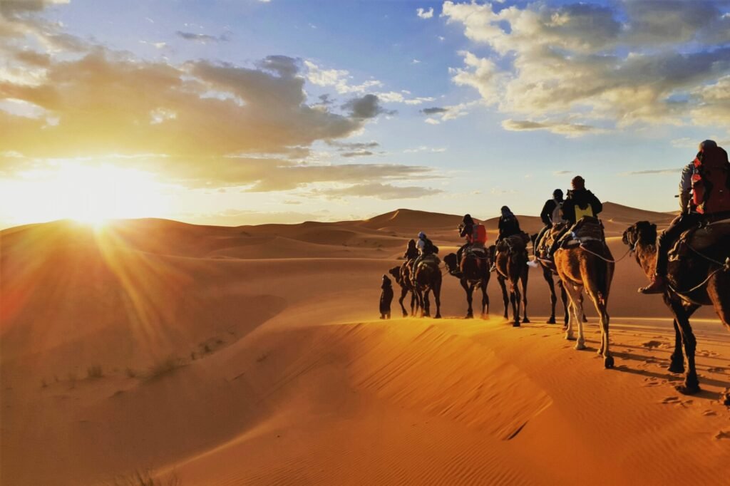 camel caravan in the desert Sahara Morrocco