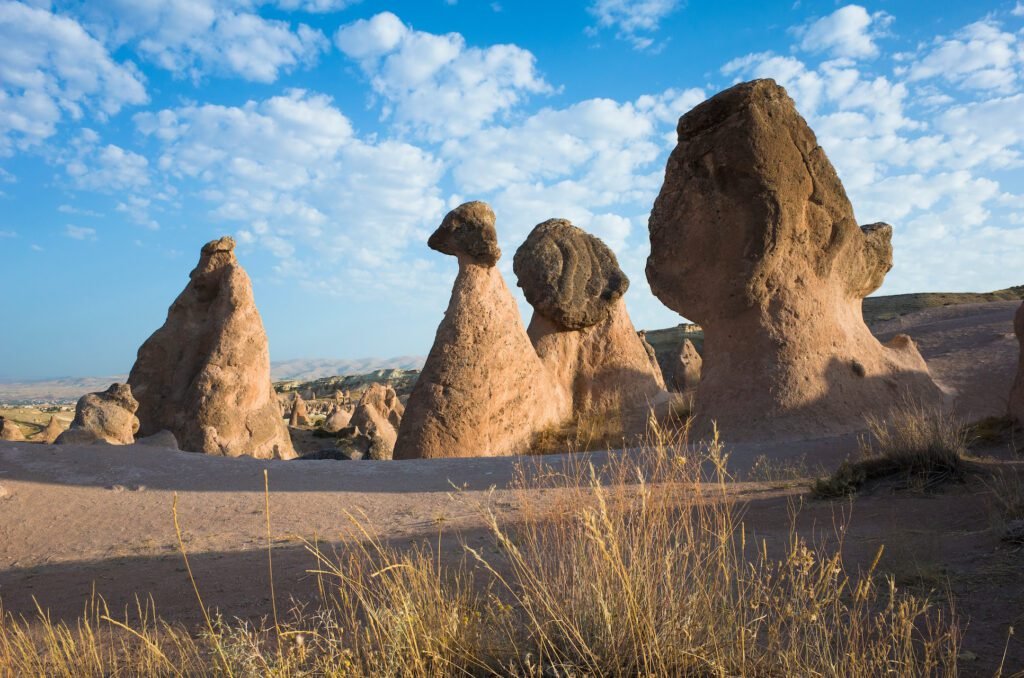 Bizarre volcanic rock formations of Imagination or Devrent Valley in Cappadocia under blue sky with light clouds, Nature of Turkey